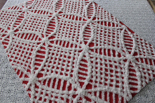 red & white chenille fabric, fun festive wedding rings, 19" x 27" inch piece, 100% lightweight cotton, great for vintage Christmas stockings
