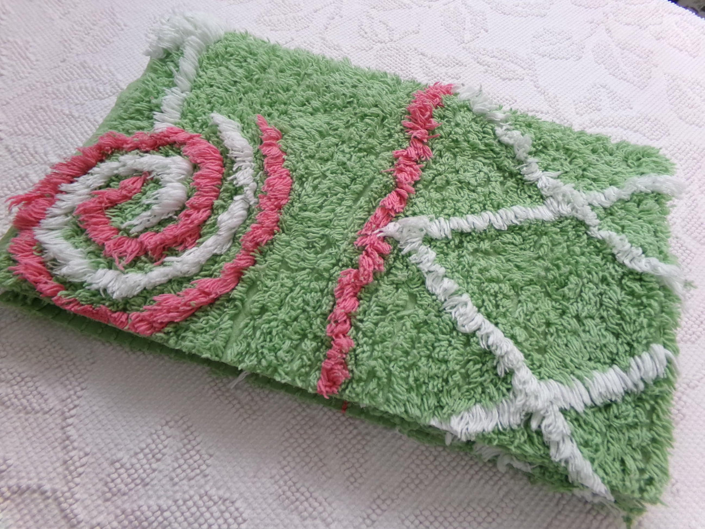 Pink Lollipop Vintage Style Chenille Fabric, terrytuft apple green sewing craft quilt material, 17" x 28" piece