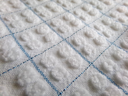 ice cubes vintage chenille fabric, quad white popcorns in sparkle blue squares, 16" x 29" inch piece of sewing & quilt material