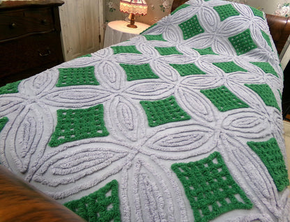 Silver Gray & Kelly Green Vintage Chenille Bedspread: Full Size 100% Cotton Bedding, Waffle Tufting in Plush Rings