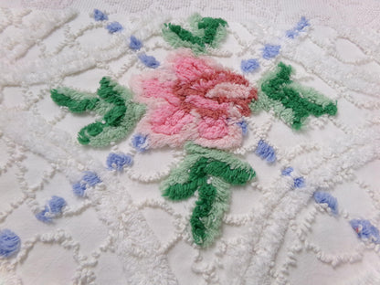 shabby cottage vintage chenille fabric, pink rose quilt material, 22" x 25" piece