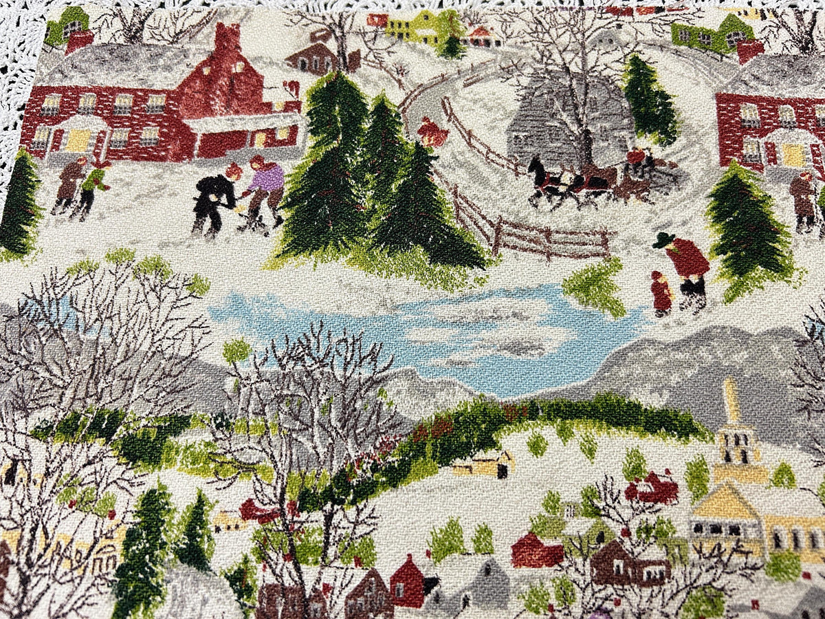 Grandma Moses DEEP SNOW Vintage Barkcloth Fabric, Folk Art Winter Scene 20x21"