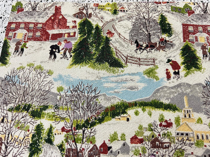 Grandma Moses DEEP SNOW Vintage Barkcloth Fabric, Folk Art Winter Scene 20x21"