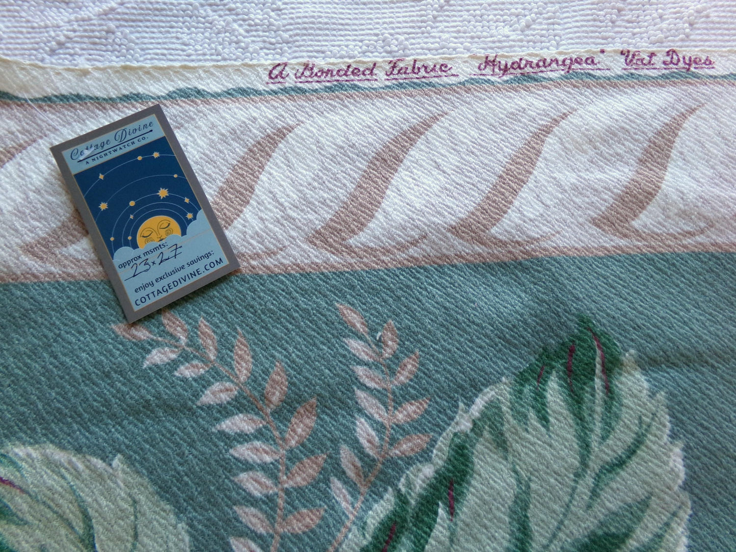 Vintage Style Hydrangea Barkcloth Fabric Piece, 27" x 23" inches, Pink Floral on Green, Great for Shabby Chic Pillows