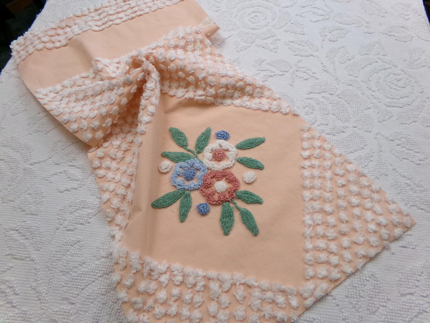 Peach Wildflower Vintage Chenille Bedspread Fabric, 15" x 33" Piece Sewing & Quilt Material