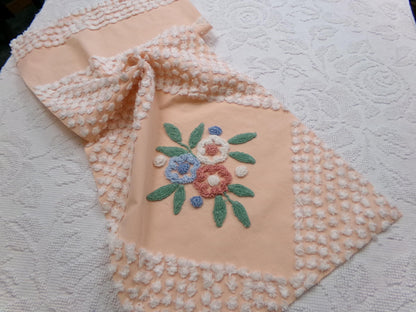 Peach Wildflower Vintage Chenille Bedspread Fabric, 15" x 33" Piece Sewing & Quilt Material