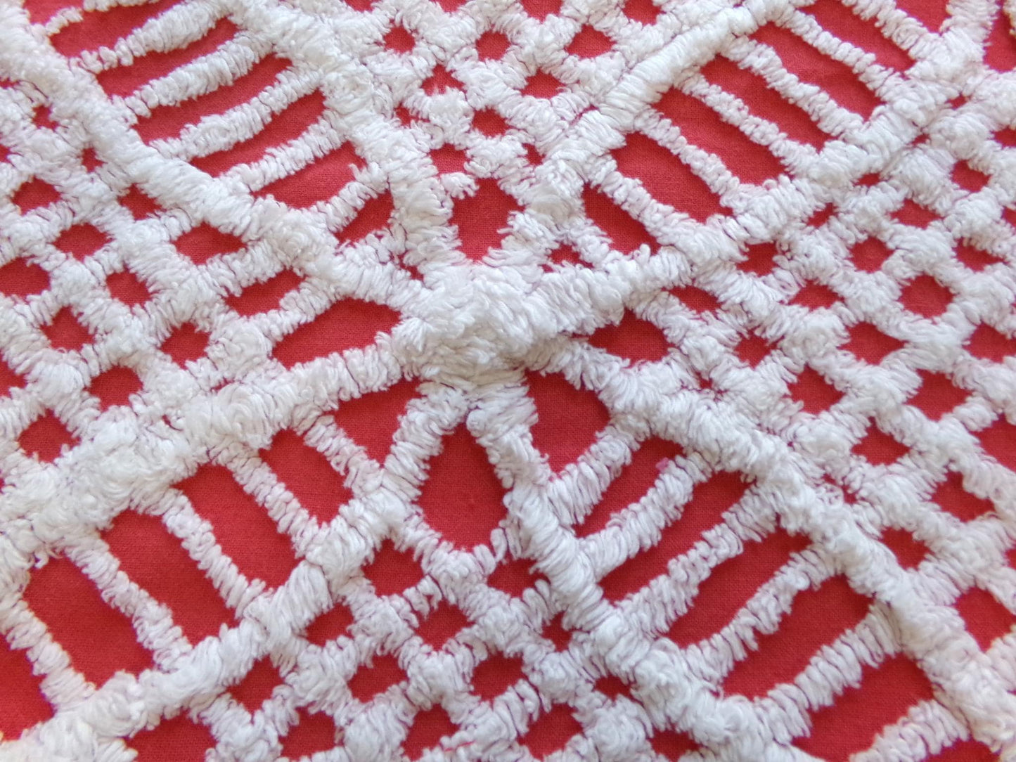 Red & White Vintage Chenille Fabric, Tufted Geometric 19x27" Sewing Material