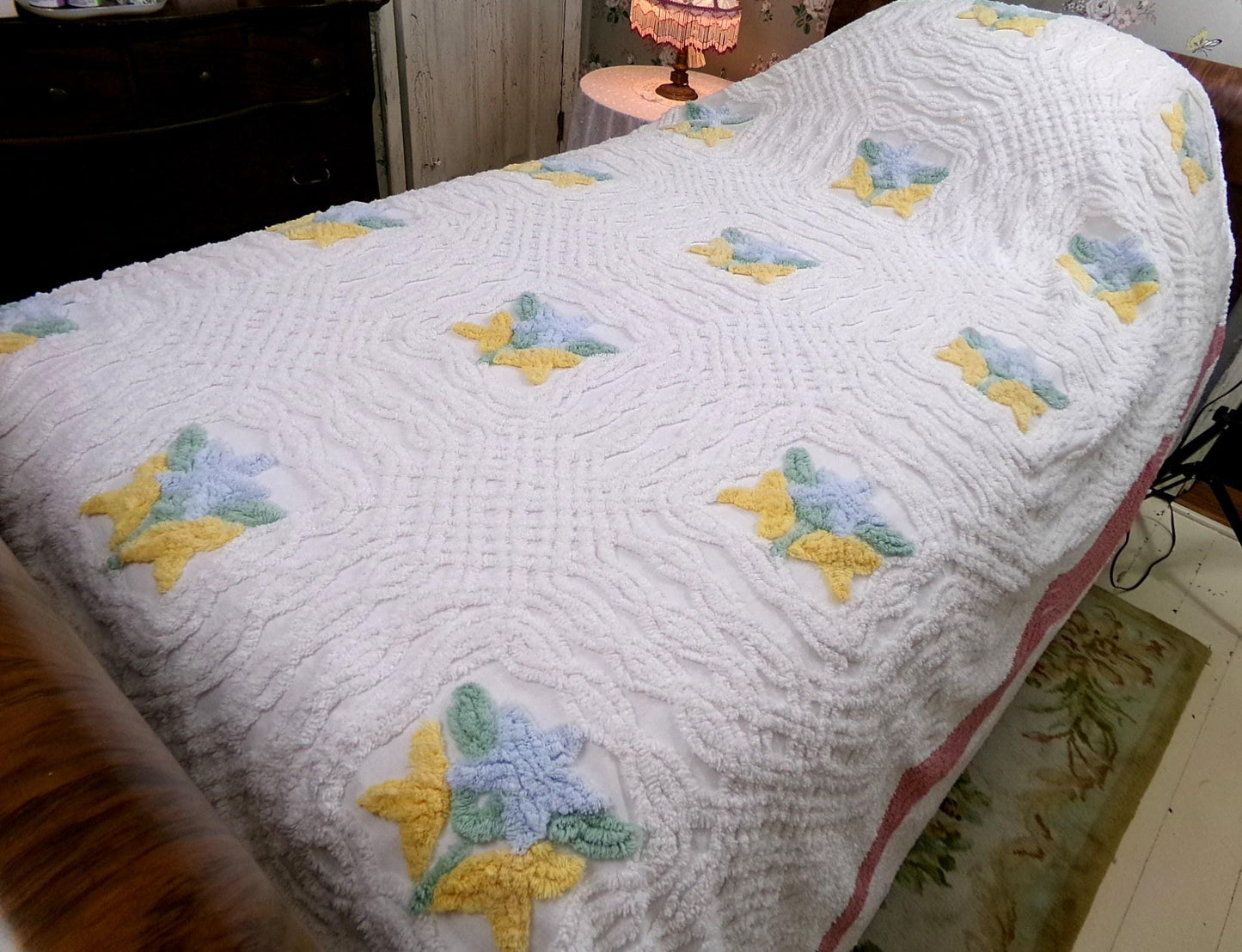 Country Cottage Chic 1950s Cotton Floral Vintage Chenille Bedspread, Full Size