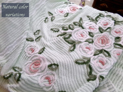 Luxury Vintage Chenille Bedspread, Tufted Cottage Roses on Mint Green, Full Size Boxed & Fitted Design with Integrated Skirt