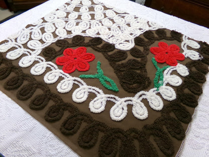 Chocolate Brown Vintage Chenille Bedspread Fabric, cherry red flowers & white swirls sewing material, 20" x 24"