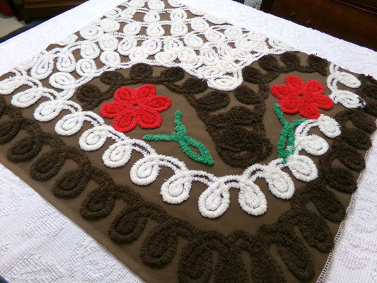 Chocolate Brown Vintage Chenille Bedspread Fabric, cherry red flowers & white swirls sewing material, 20" x 24"