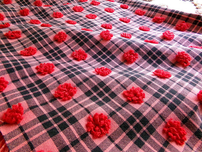 Black Tartan Plaid Vintage Chenille Bedspread Fabric, Texturized Red Dots, 19" x 26" inch Piece, Lightweight Sewing Material
