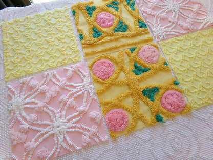 spring sun chenille fabric squares, 7.5" vintage quilt blocks, pink, gold, yellow floral & geometric, set of 6 for sewing, crafts, quilting