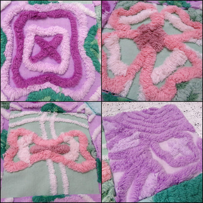 fabulous flowers vintage chenille fabric squares, set of 16 lavender green quilt blocks 6" ea