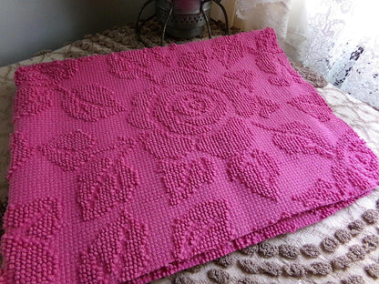 Fuchsia Pink Rose Vintage Woven Chenille Fabric, Reversible Hobnail 20" x 25" Piece Quilt Material