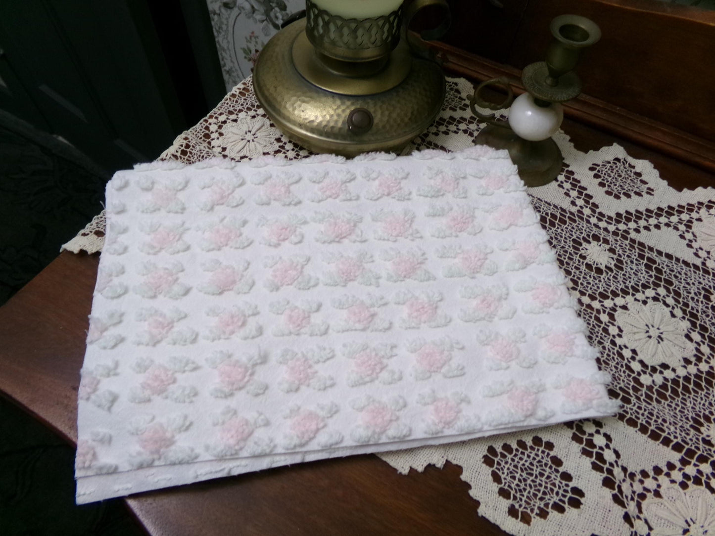 Shabby Pink Rosebud Vintage Chenille Bedspread Fabric Piece, Cottage Style Quilt Material 18" x 24"