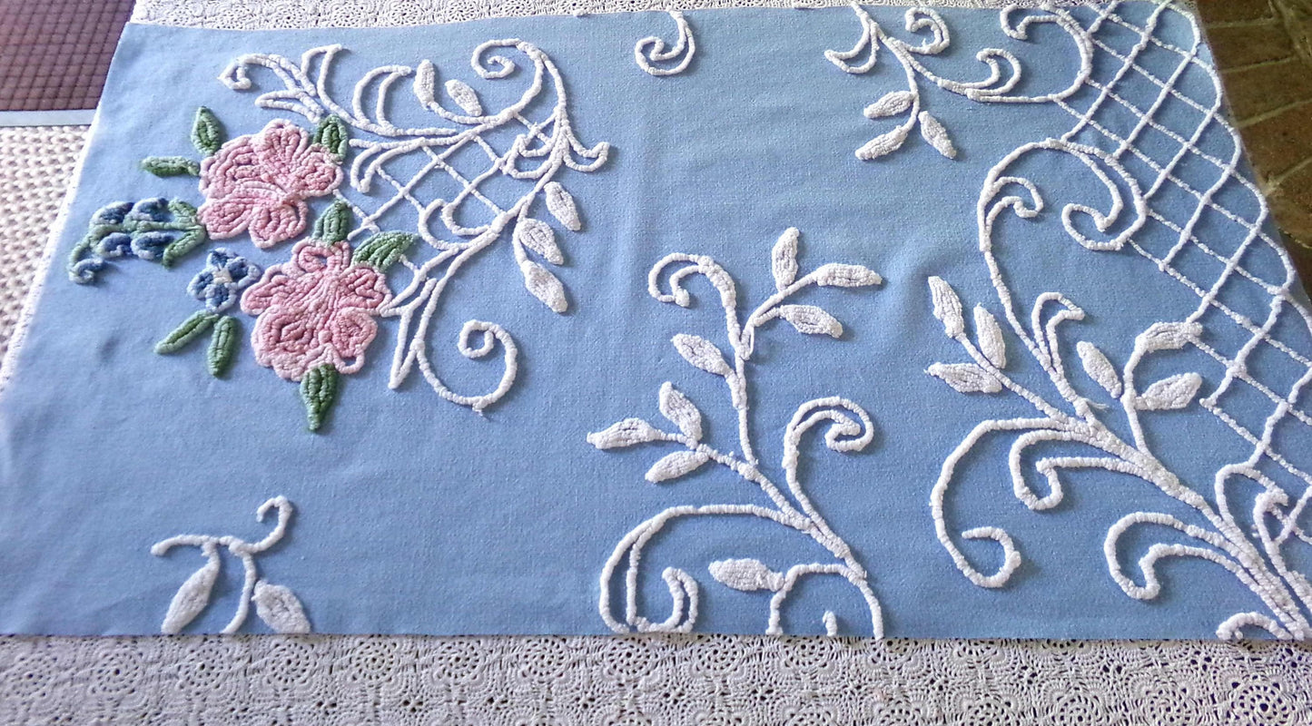 divine pink rose vintage chenille fabric, 17.5" x 32" inch piece, White Trellis & Scrollwork on Sky Blue Cotton, for Quilts, Pillows