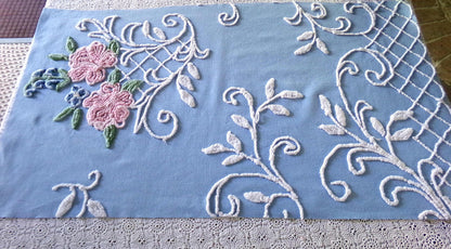 divine pink rose vintage chenille fabric, 17.5" x 32" inch piece, White Trellis & Scrollwork on Sky Blue Cotton, for Quilts, Pillows