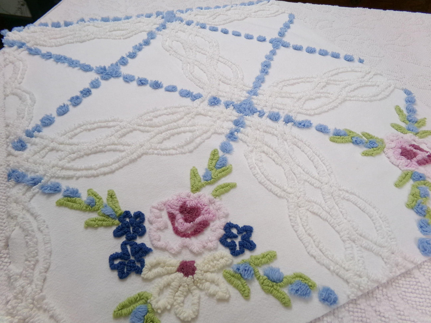 Shabby Coastal Vintage Chenille Fabric, Blue & White Floral Sewing Material 21" x 23" Piece