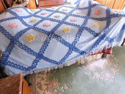 Rare Vintage Chenille Bedspread by IDEAL SPREAD Company, Canada Made Blue Wedding Cake Floral Design, Full Size