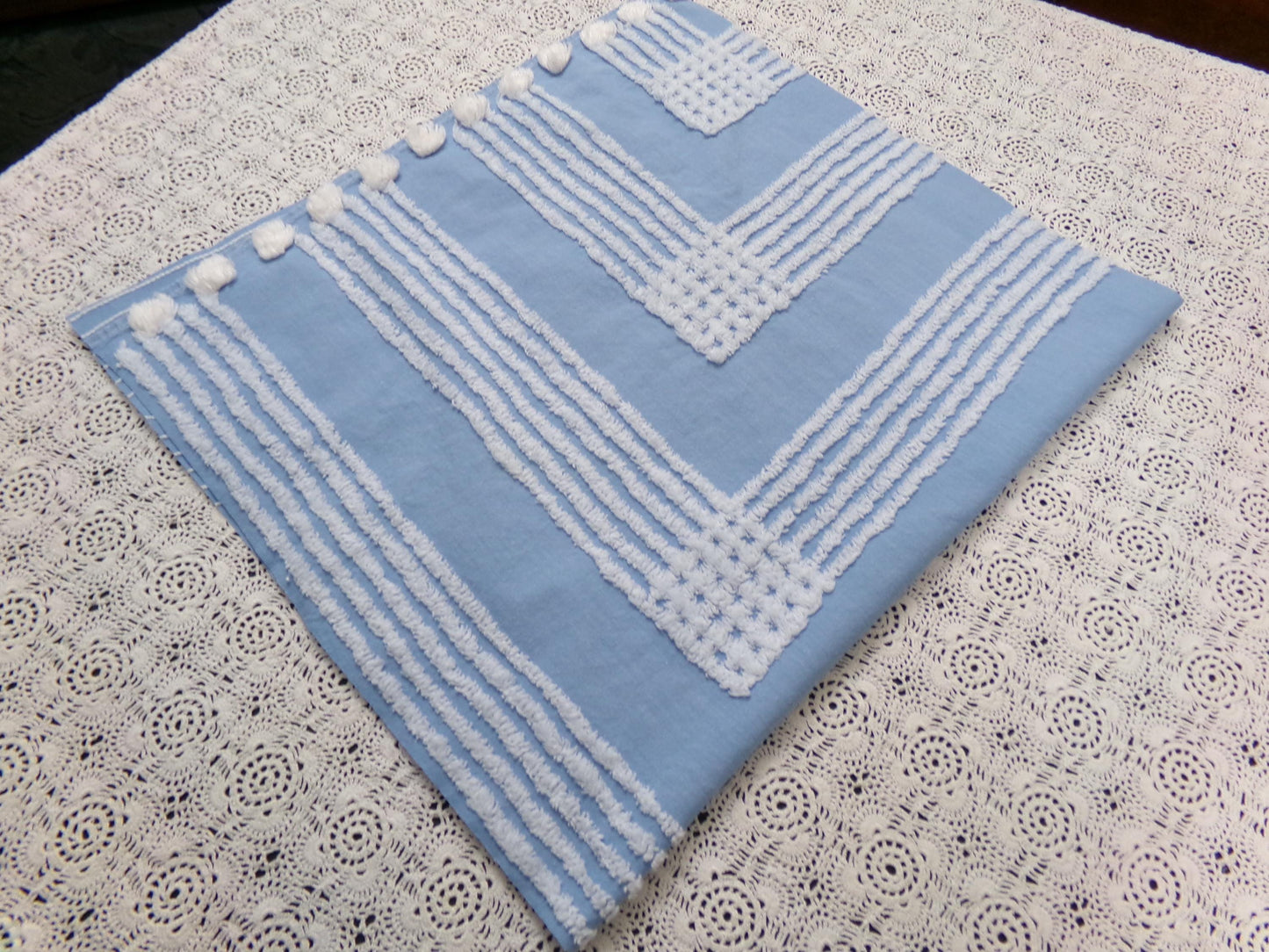 Sky Blue Vintage Chenille Fabric White Geometric Quilt Sewing Material 16.5" x 30"