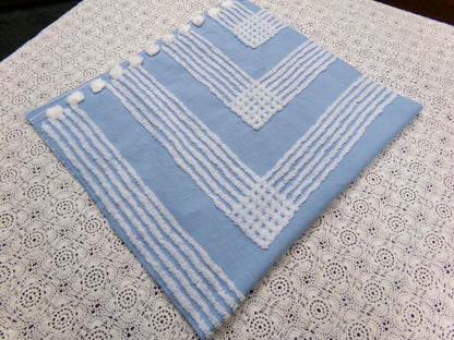 Sky Blue Vintage Chenille Fabric White Geometric Quilt Sewing Material 16.5" x 30"