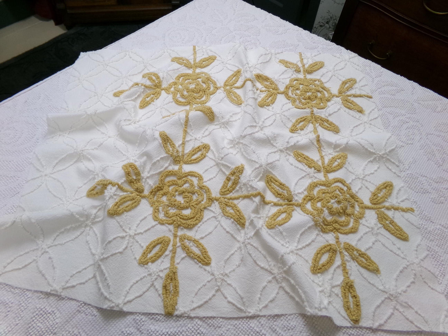 Vintage Tufted Chenille Fabric Piece, Directional Golden Rose Sewing & Quilt Material 22" x 26"