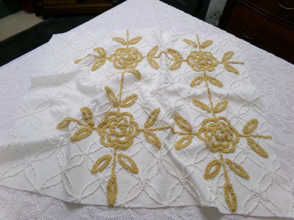 Vintage Tufted Chenille Fabric Piece, Directional Golden Rose Sewing & Quilt Material 22" x 26"