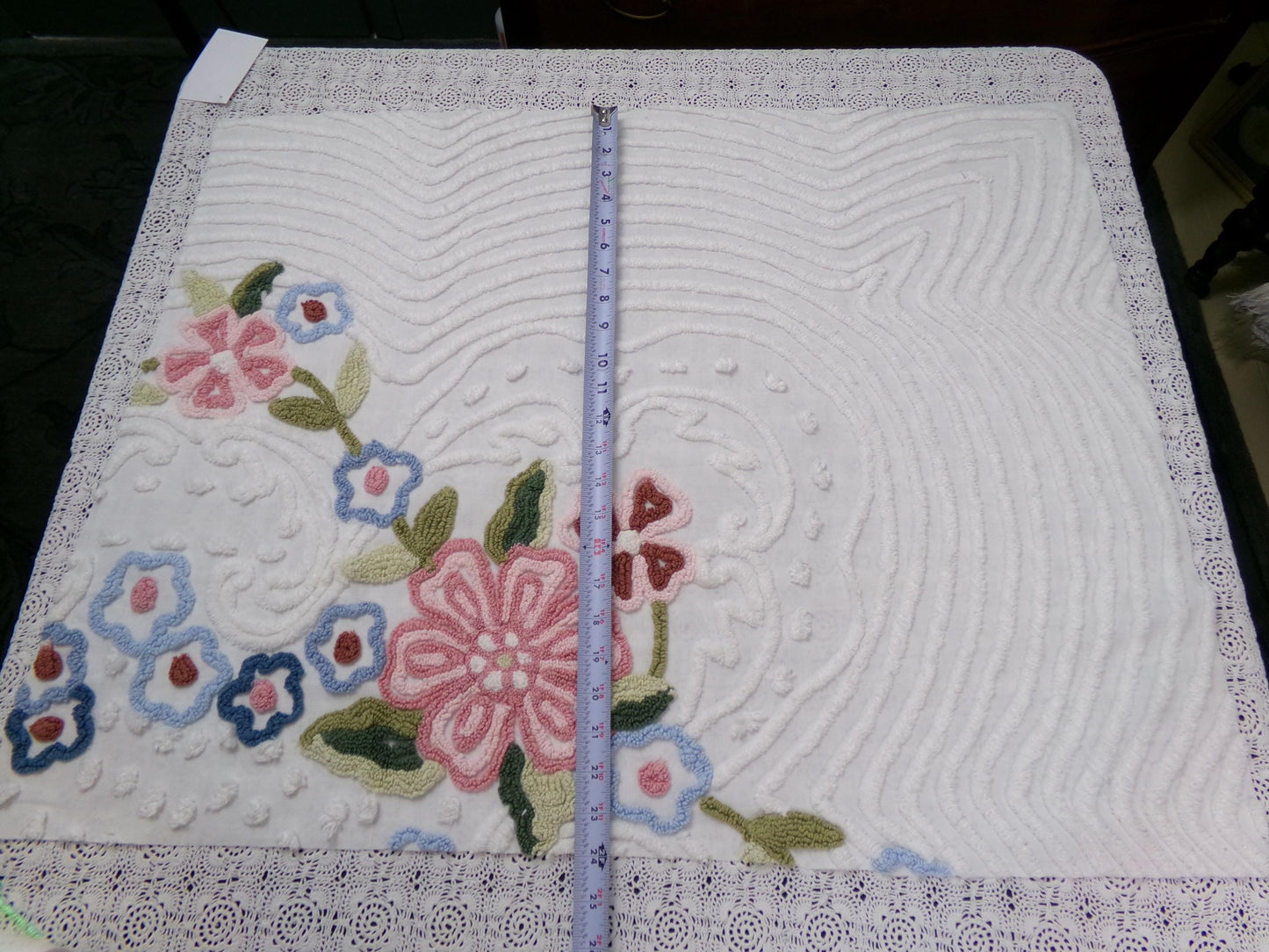 Vintage White Chenille Fabric 29x23" Garden Floral Bouquet