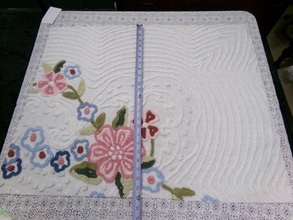 Vintage White Chenille Fabric 29x23" Garden Floral Bouquet