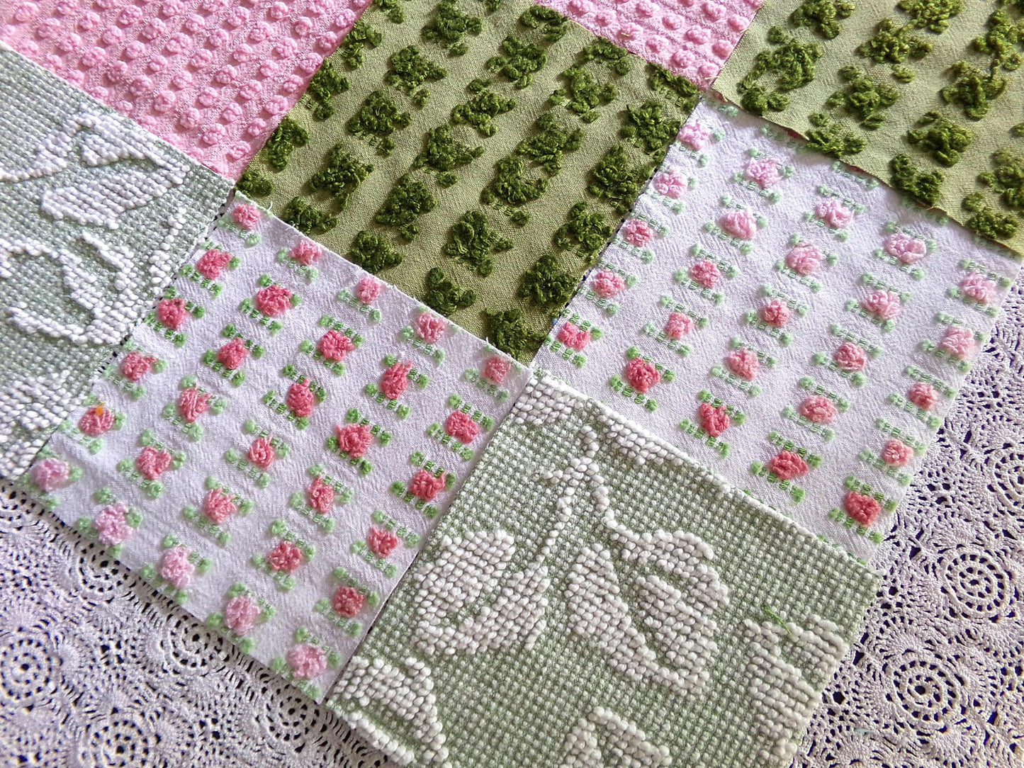 Olive & Rose Chenille Fabric Squares, Set of 16 Vintage Quilt Blocks, 6" x 6" inches each, for Quilting, Sewing, Pillows