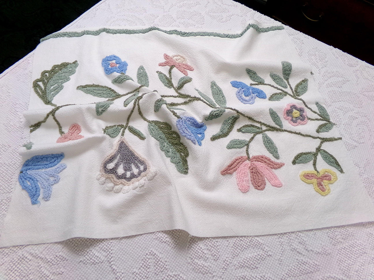 Woodland Meadow Vintage Chenille Bedspread Fabric, Floral Boho Sewing Material, 18" x 23" piece
