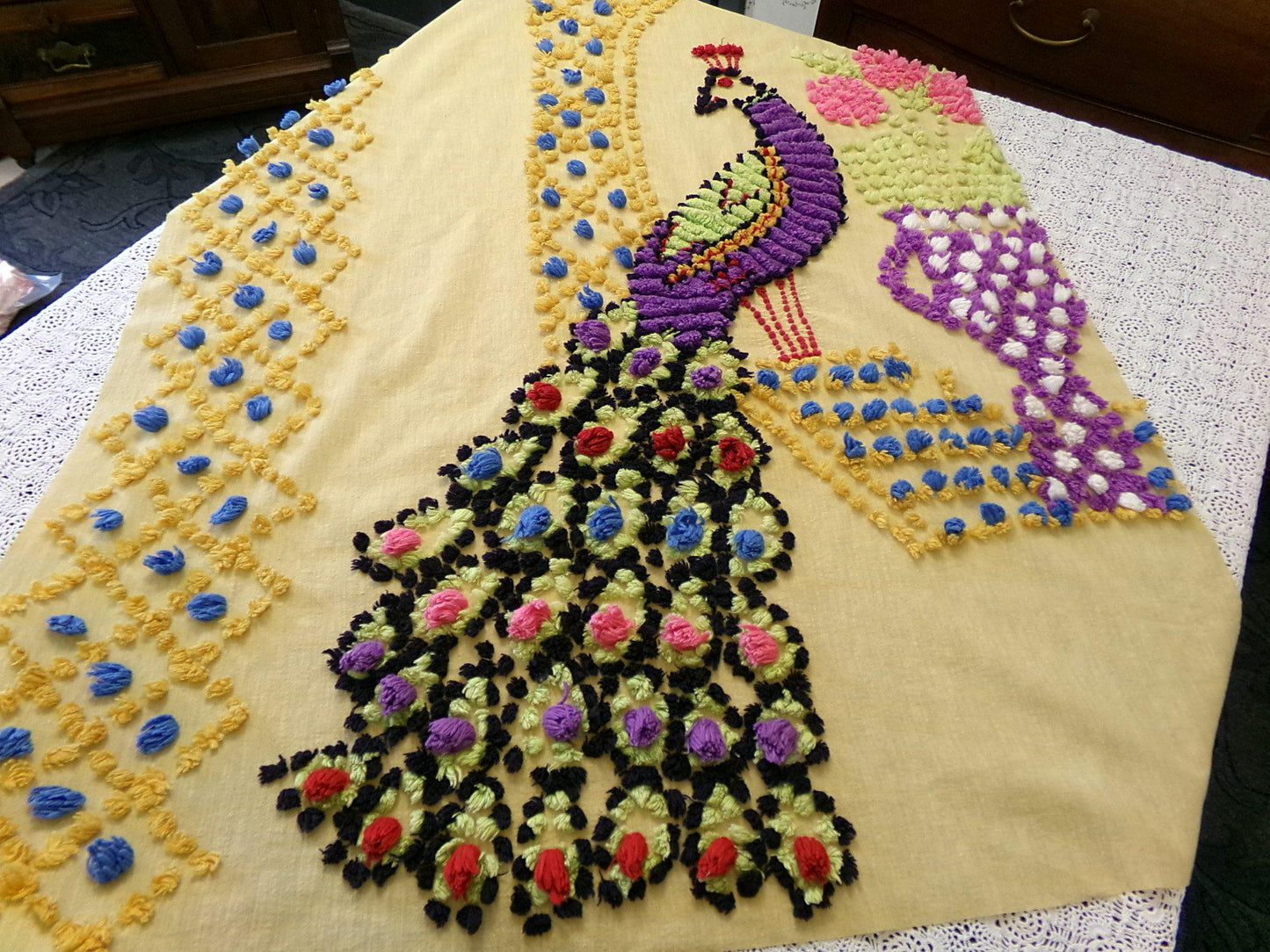 Antique Peacock Vintage Chenille Fabric Panel 44 x 28" Boho