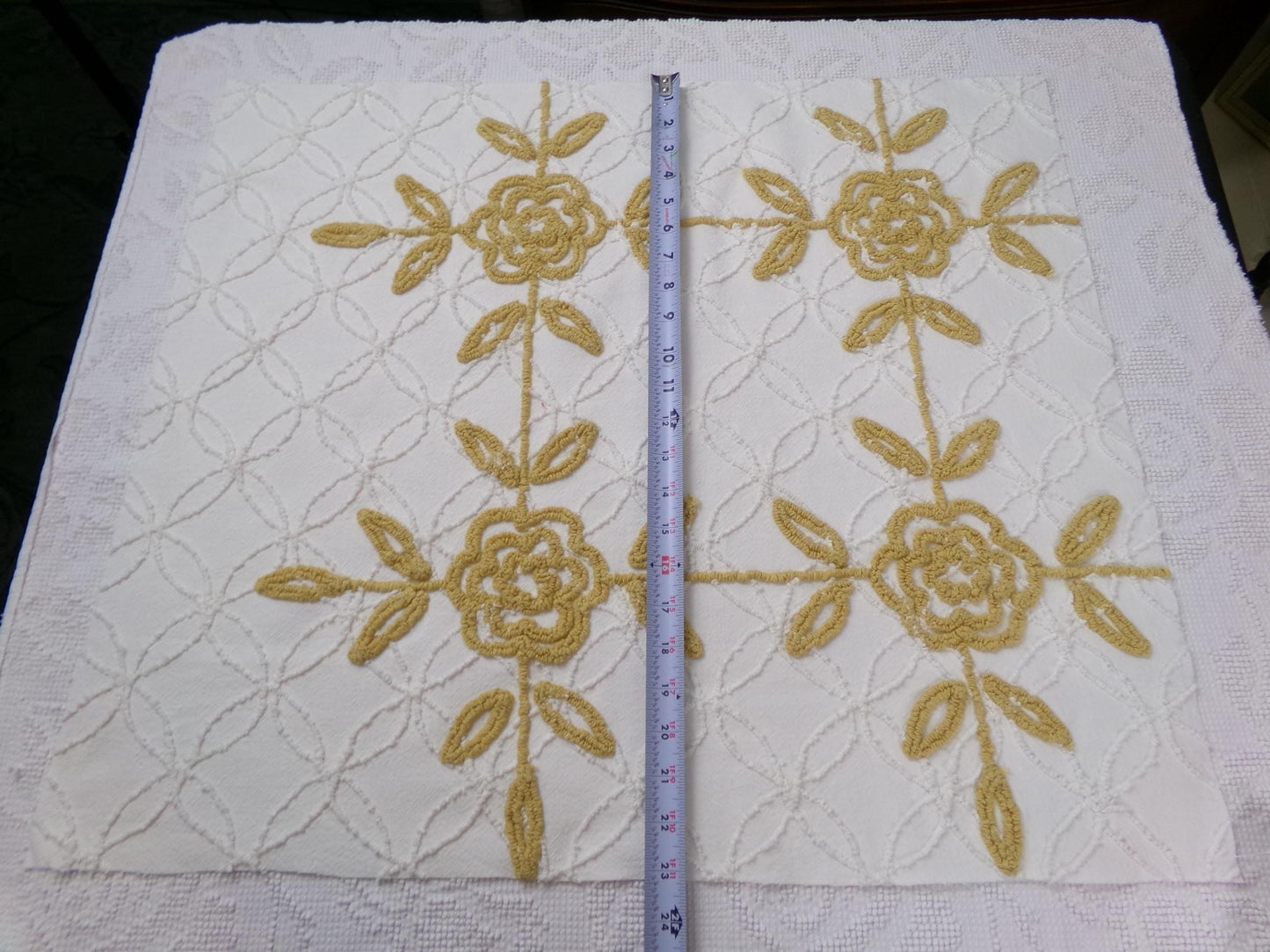 Vintage Tufted Chenille Fabric Piece, Directional Golden Rose Sewing & Quilt Material 22" x 26"