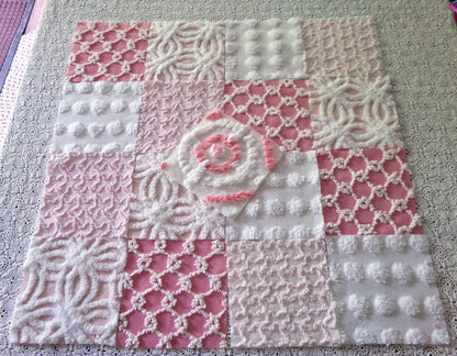 Spunky Pink Quilt Squares Set from Vintage Chenille Bedspread Fabric, 17 Blocks, 6" x 6" inch