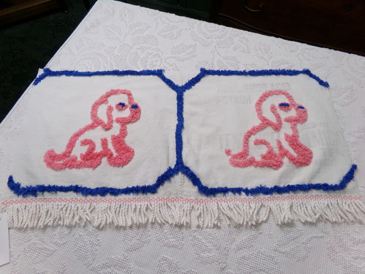 Pink Puppy Dog Vintage Chenille Fabric, Pair of Puppies on Cotton Feedsack, 12" x 26" Piece