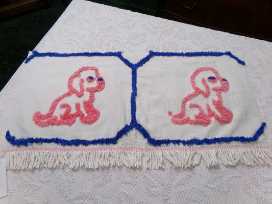Pink Puppy Dog Vintage Chenille Fabric, Pair of Puppies on Cotton Feedsack, 12" x 26" Piece