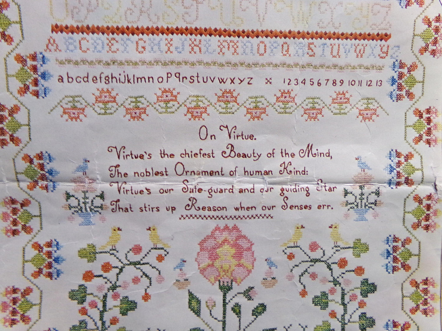 VIRTUE Embroidery Sampler, Paragon 0609 Valentine Museum Reproduction, Vintage Cross Stitch Stitchery Kit on Belgian Linen