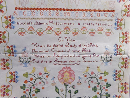 VIRTUE Embroidery Sampler, Paragon 0609 Valentine Museum Reproduction, Vintage Cross Stitch Stitchery Kit on Belgian Linen