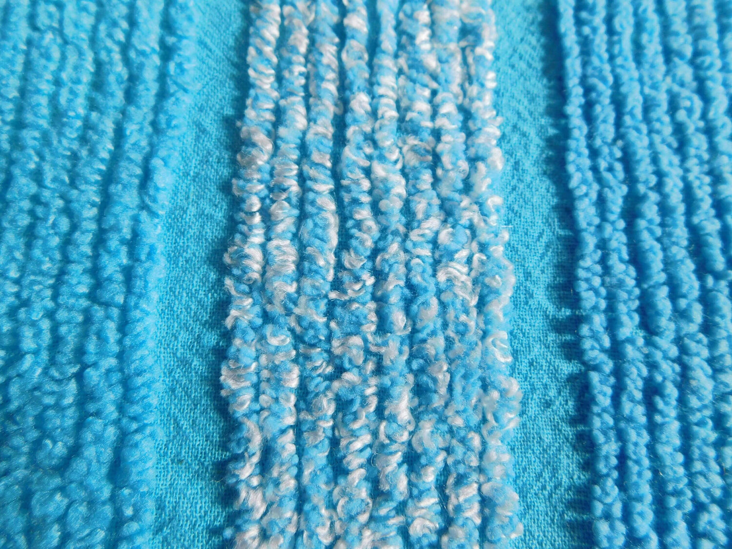 mermaid blue vintage chenille fabric, bright variegated multisize stripes, 20" x 24" piece of sewing material