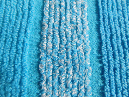 mermaid blue vintage chenille fabric, bright variegated multisize stripes, 20" x 24" piece of sewing material