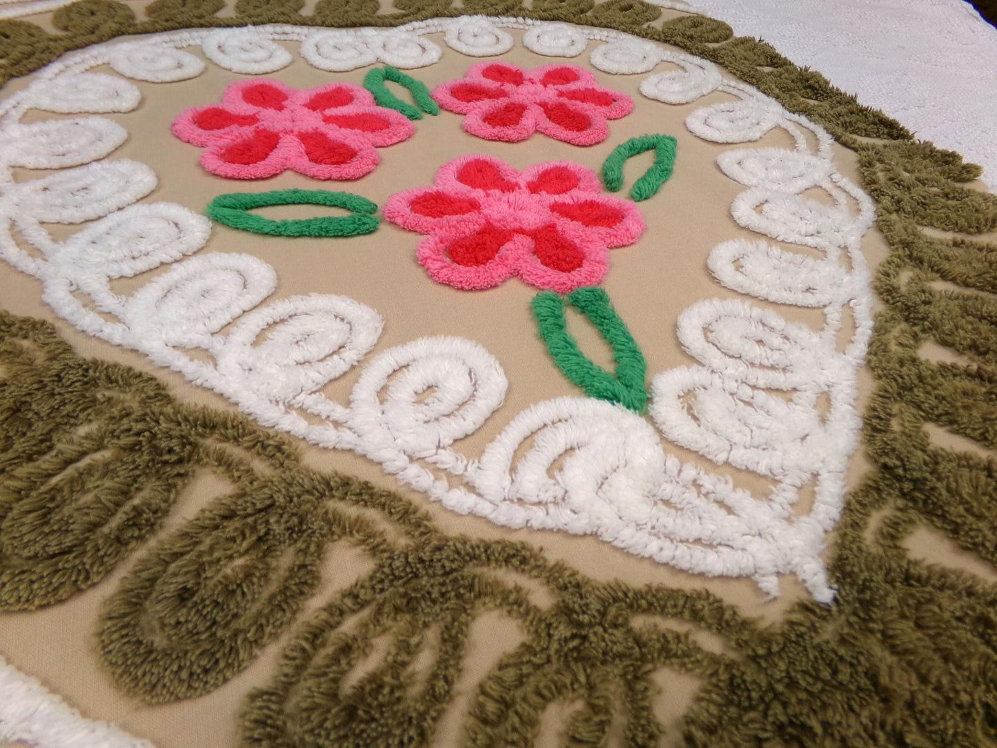 Vintage Chenille Bedspread Fabric Piece, Mocha Chocolate Cherry Floral, 24" x 23"