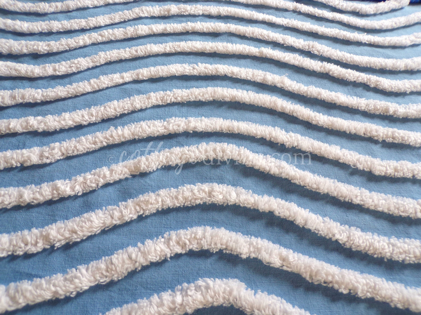 Gentle Waves Vintage Chenille Quilt Fabric, 26" x 16.5" Piece, 100% Cotton White Tufting on Blue