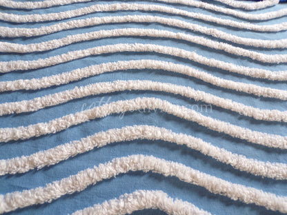 Gentle Waves Vintage Chenille Quilt Fabric, 26" x 16.5" Piece, 100% Cotton White Tufting on Blue