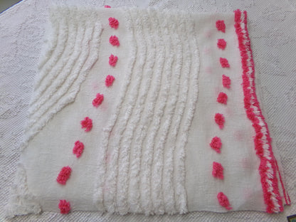 zany white & hot pink vintage chenille fabric: interesting piece of sewing material, 15" x 28" lightweight cotton blend piece