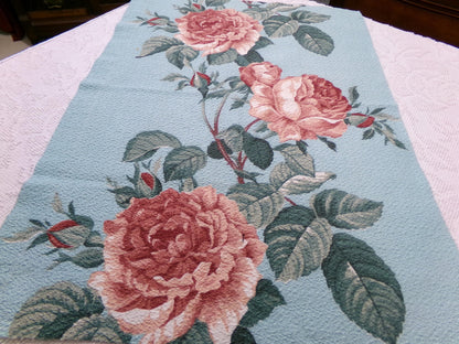 Vintage 1940s Barkcloth Fabric Aqua Blue Pink Roses Botanical Mid-Century Shabby, 18" x 26"