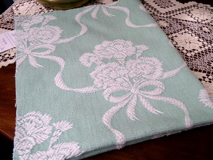 Shabby Woven Vintage Fabric Piece | Creamy White Carnation Flowers on Mint Green, 20" x 24"