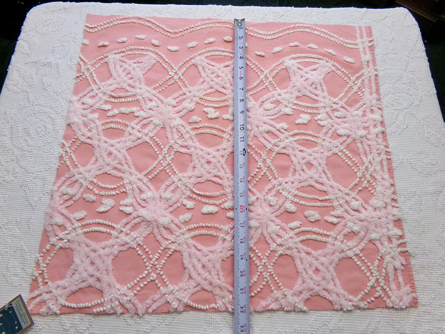 rosy pink vintage chenille fabric, infinity tuft & pearl pops design, 21" x 22" piece of sewing quilt material