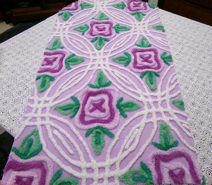 Vintage Chenille Bedspread Fabric Lilac Cabbage Roses 17.5 x 34" Cottage Quilt Sewing Material
