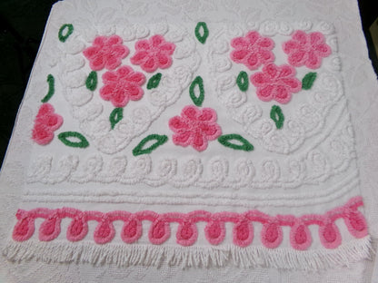 Pink White Floral Vintage Chenille Bedspread Fabric Sewing & Quilt Material 20" x 26"